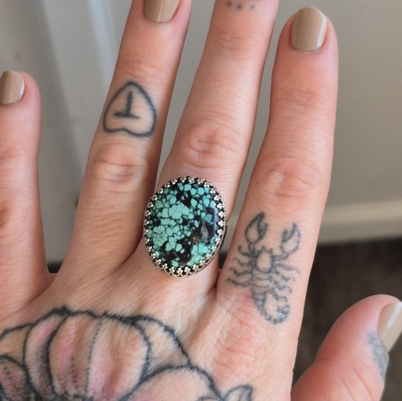 Handmade Sterling Silver and Kingman Turquoise Ring Size 7 - Picture 9 of 12
